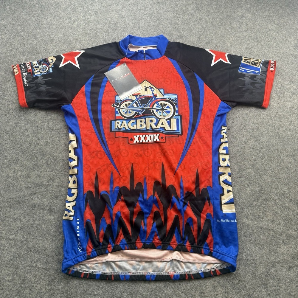 NEW Primal Cycling Jersey Mens Large Full Zip Short Sleeve Red Blue Raglan NWT